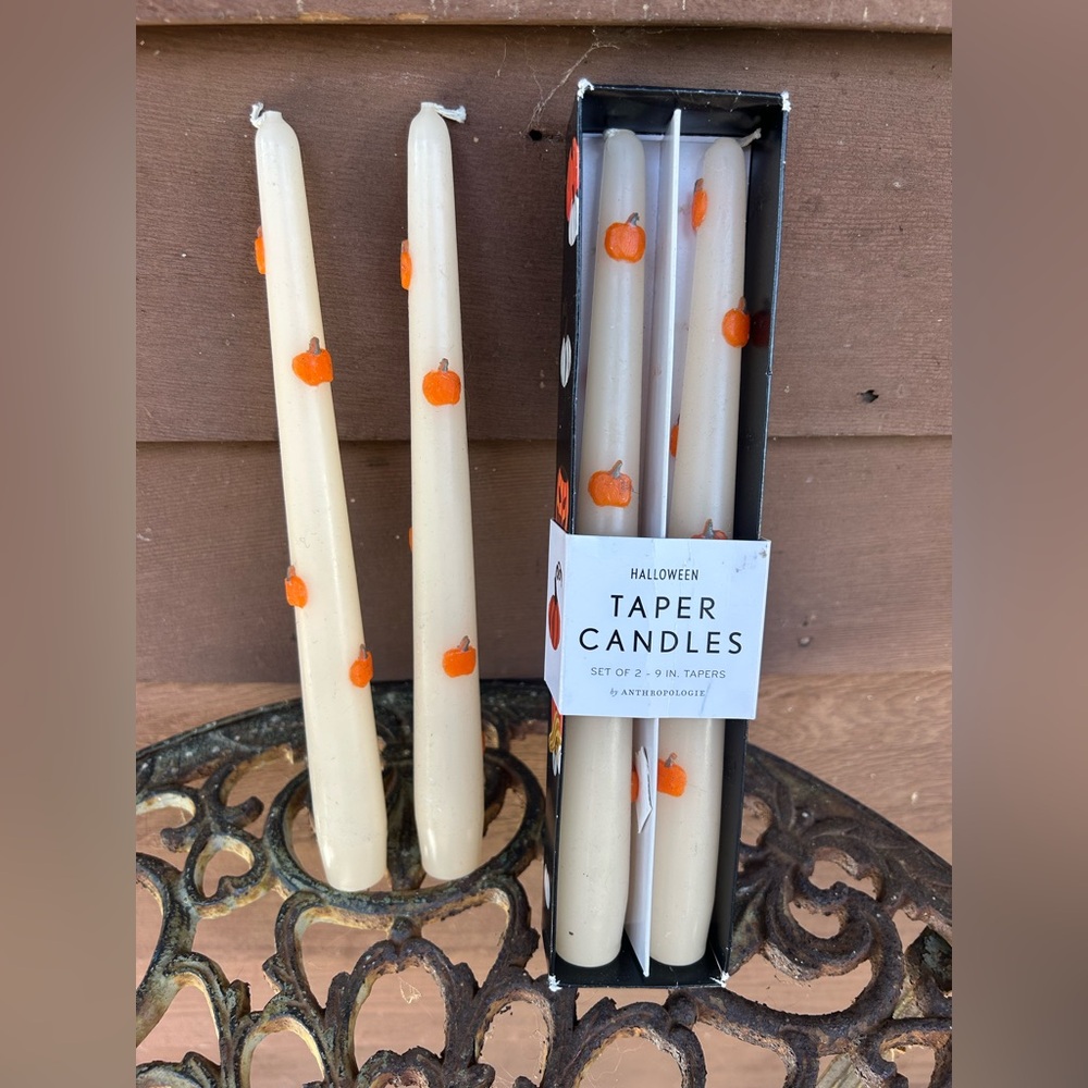 Anthropologie Ivory Taper Candles with Orange Pumpkin Accents (includes 2candles
